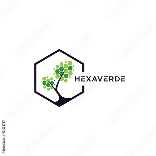 Hexagonal tree icon for environmental and sustainable technology logo HEXAVERDE