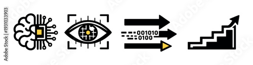 Neural network and vision icons showing data flow on dark background