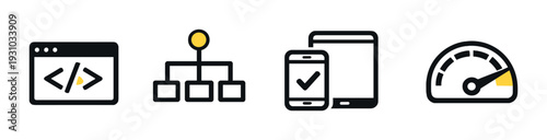 Development and performance icons displayed on dark background