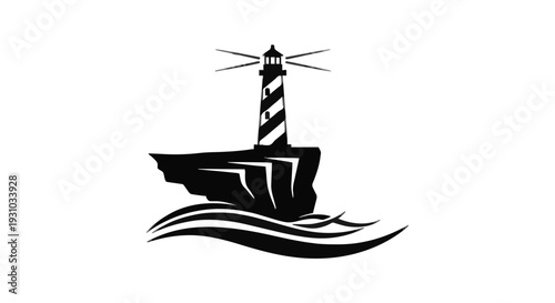 Black Silhouette Vector Icon of a Lighthouse on a Coastal Cliff with Ocean Waves - Navigational Beacon Graphic