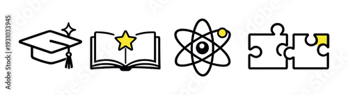 Graduation cap book atom and puzzle icons aligned on dark background