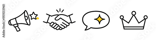 Megaphone handshake speech and crown icons glowing on dark backdrop