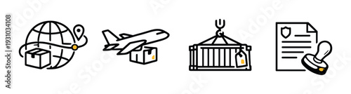 Global shipping icons showing air cargo, container, documents