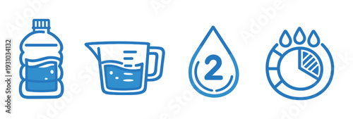 Water bottle and measuring cup with droplet meter on neon background