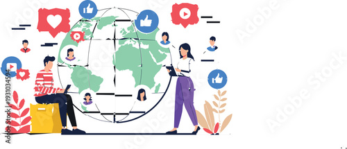 Global social media network illustration with people connecting online around world map, flat vector concept representing communication, digital marketing, and internet interaction