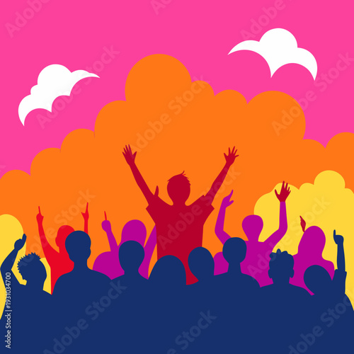 Colorful crowd celebrating Holi festival with vibrant powder clouds, flat vector illustration of happy people dancing during Indian spring festival of colors