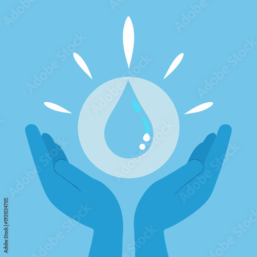 Hands holding water droplet with inner drop and light rays, blue flat vector illustration representing protection, sustainability, clean water, and environmental care concept