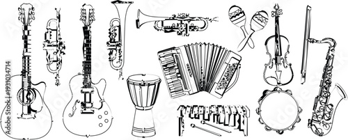 Hand drawn musical instrument illustration collection featuring guitar, trumpet, accordion, violin, saxophone, drums, and percussion, black line vector set for education and design