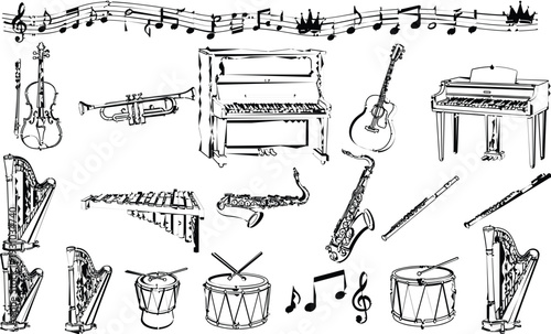 Hand drawn music instrument and notation collection featuring piano, guitar, violin, drums, harp, and musical notes, black line vector set for education and creative design