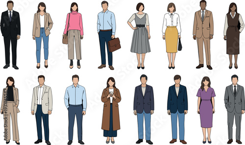 Collection of diverse professional men and women in business and casual office attire flat illustration