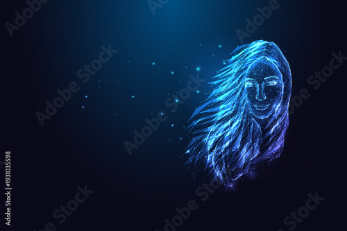 Digital Female Avatar. AI Woman Portrait in Futuristic Polygon Mesh Neon Vector Style