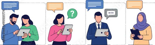 Collection of people using tablet computers with speech bubbles for digital communication illustration