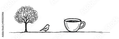 A bird standing next to a tree and a cup
