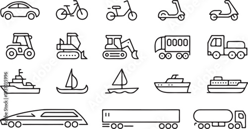 Transportation and Construction Vehicles Outline Icon Set