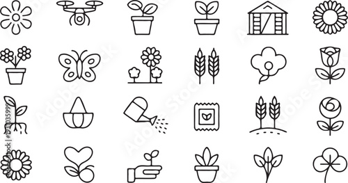 Nature Garden and Flower Outline Icon Set