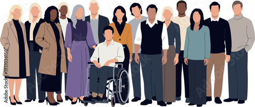 Diverse group of professional men and women including a person in a wheelchair standing together