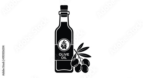 Black and white illustration of an olive oil bottle with olives