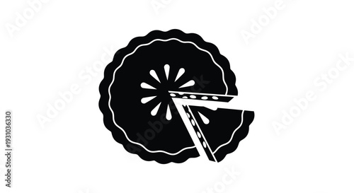 Black and white graphic of a sliced circular object with radiating lines