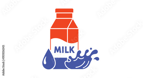 Stylized illustration of an orange milk carton with blue splashes and text