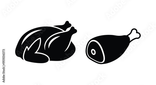 Black silhouette icons depicting a roasted chicken and a chicken leg