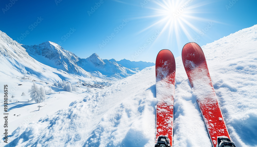 Fototapeta premium Modern Skis in Fresh Alpine Snow Under Bright Blue Sky, Glamorous Winter Resort Advertising Concept