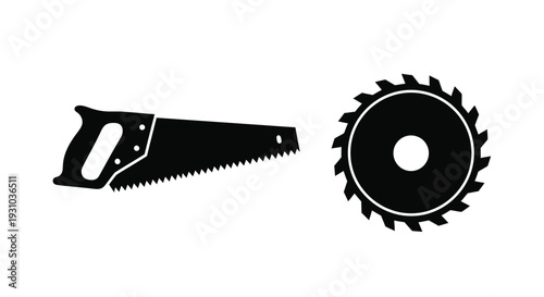 Black and white illustration of a handsaw and circular saw blade