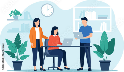 Professional business team working together on laptops in modern office interior illustration