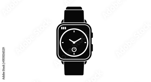 A black silhouette of a modern smartwatch with a square face