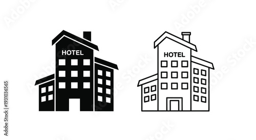 Two black and white hotel building icons one solid and one outlined