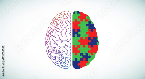 World Autism Awareness Day Symbolic representation of the human brain, with one half depicted as anatomical and the other as a jigsaw puzzle symbolizing autism awareness and neurological conditions