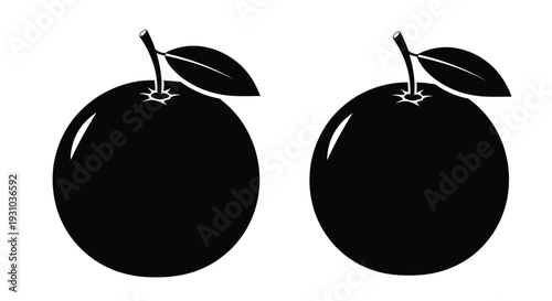 Two black silhouettes of apples with stems and leaves are displayed