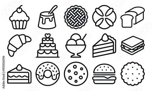 Collection of simple black and white outline icons representing various baked goods and desserts.