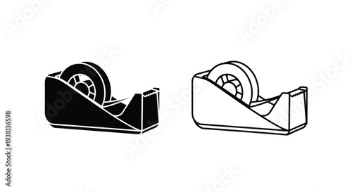 Two depictions of a tape dispenser solid black and white outline