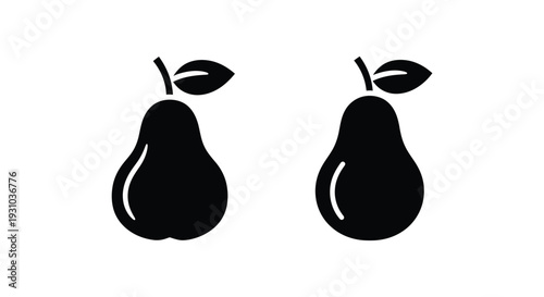 Two simple black silhouettes of pears with stems and leaves