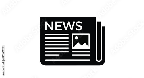 Black and white icon depicting a newspaper with text and a photograph
