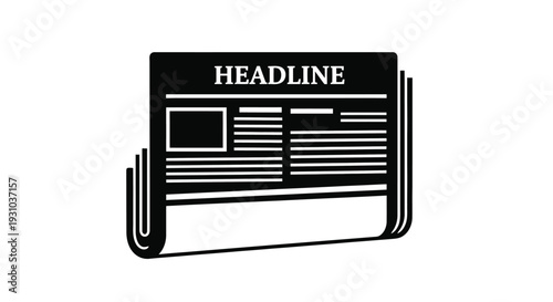A black and white illustration depicting a rolled newspaper with a headline