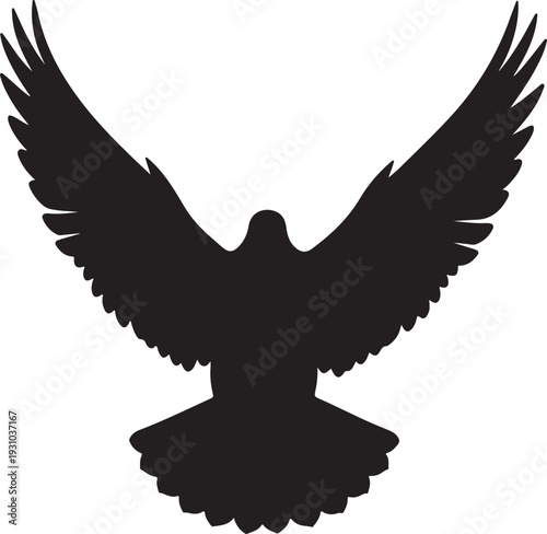 Black silhouette of a majestic eagle or hawk flying with wings spread wide, facing forward.