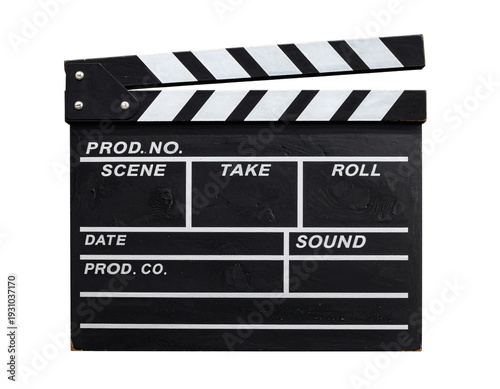 Classic black and white movie film slate or clapperboard used by directors and crew members to mark takes during video production 