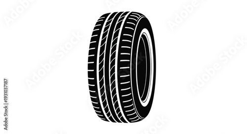 Black and white illustration of a car tire with detailed tread pattern