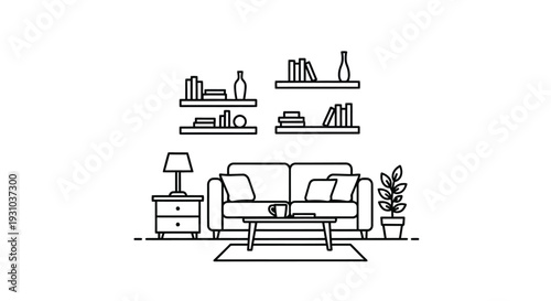 Minimalist line drawing of a living room with furniture and plants