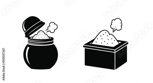 Black and white illustrations of salt containers with rising steam