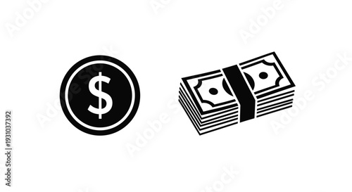 Dollar sign and stacks of money depicted in a simple black and white design