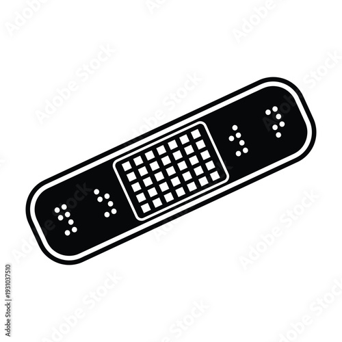 Black and white icon of a bandage strip with a checkered pad, signifying first aid and medical care.