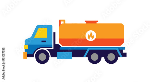 Stylized illustration of a blue and orange fuel tank truck