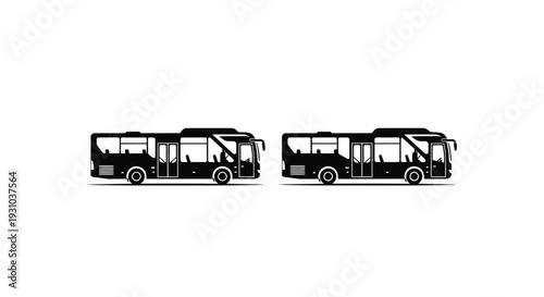 Two black silhouettes of passenger buses against a white background
