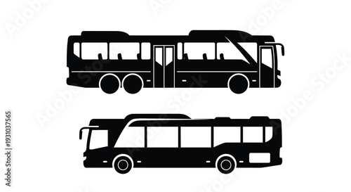 Black silhouette of a tour bus depicted in side and top views