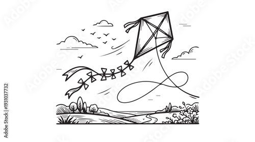 Flying kite with long tail over spring landscape vector engraving style isolated on white background for outdoor festival poster branding and childhood activity illustration