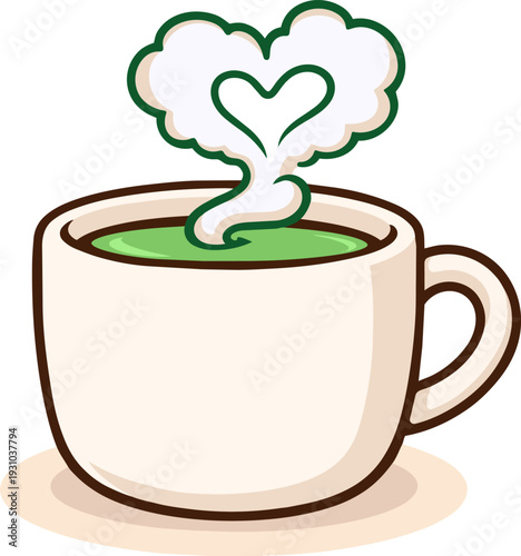 Flat illustration of a cup of matcha latte with heart-shaped steam. Green tea drink in a ceramic mug isolated on light background. Minimal beverage illustration.