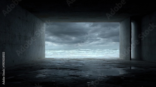 Dark concrete structure opens onto a turbulent ocean under a stormy sky