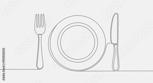 Minimalist single line drawing of a plate, fork and knife, ready for a meal